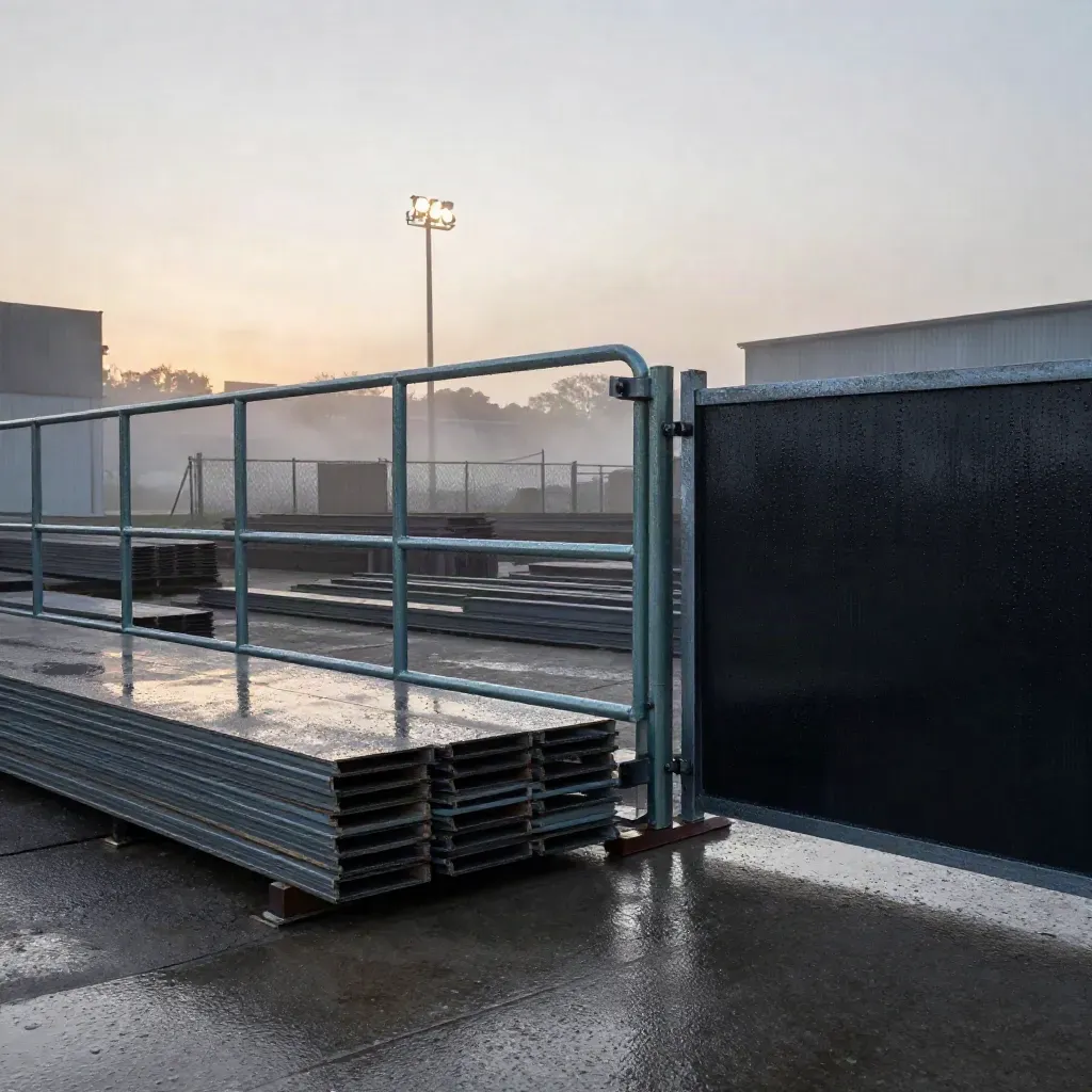 Ocelové rámy, brána a plechy ve vlhké kovovýrobě po dešti.
