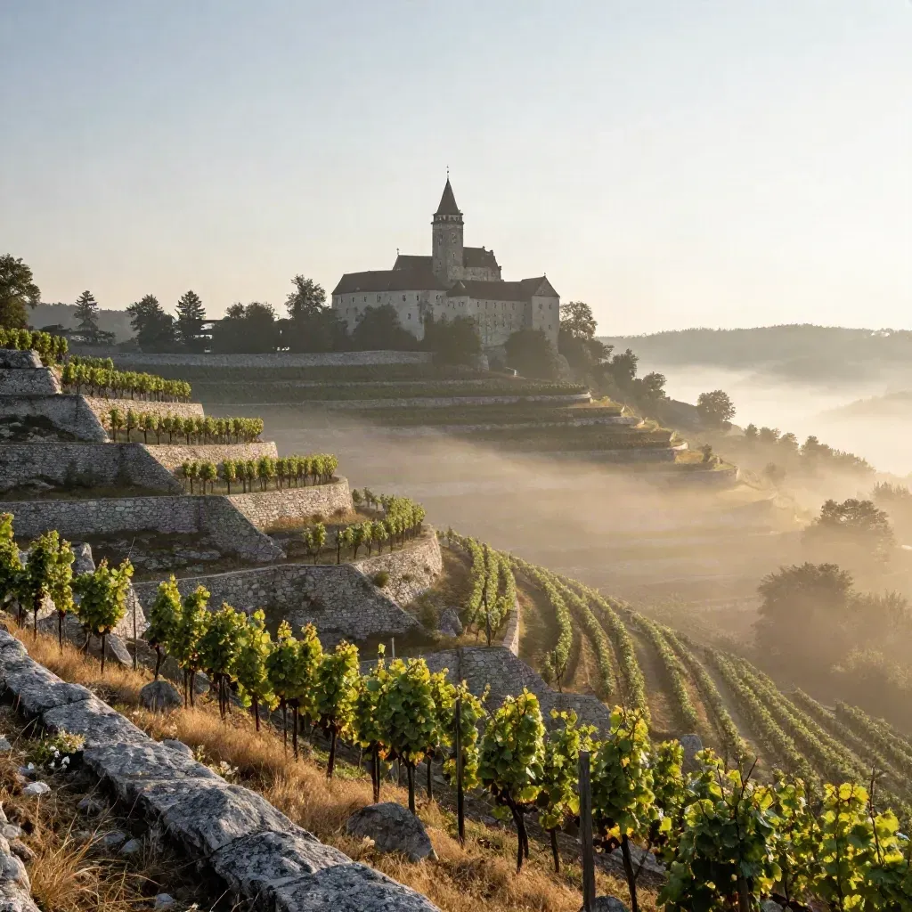 Mikulovský zámek nad vinicemi a ranní mlhou v Jihomoravském kraji