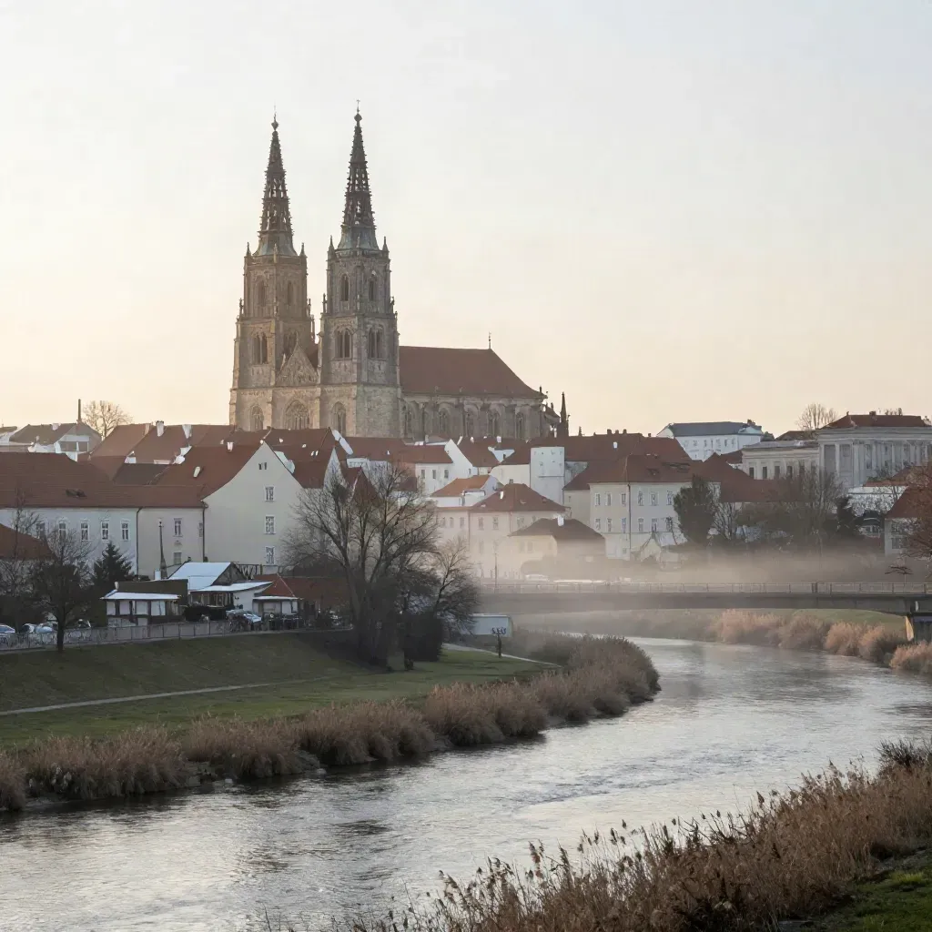 Olomoucké katedrální věže nad mlhou nad řekou a tichou nivou v ranním světle.